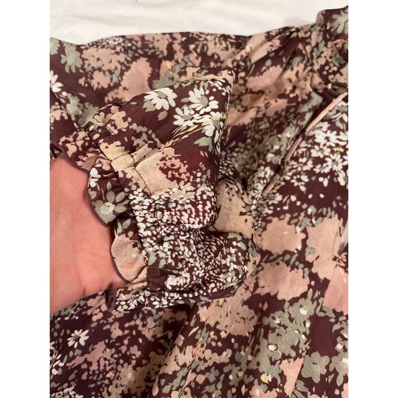 Vintage 70s Sheer Watercolor Floral Print Midi Dress Long Sleeve Tie Neck Ruffle - Picture 9 of 13